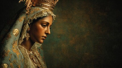 Woman with crown and veil portrait in soft light against dark background