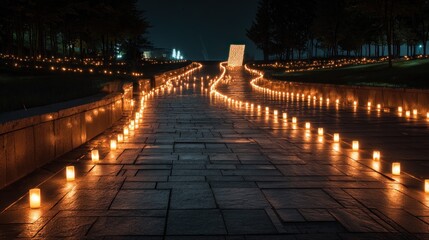 Night scene with illuminated pathway lined with candles and dim lighting