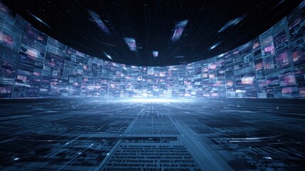 Abstract futuristic digital landscape with screens and data lines