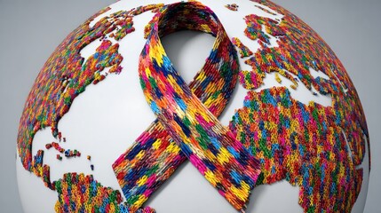 Colorful ribbon encircling world map concept for global awareness and support