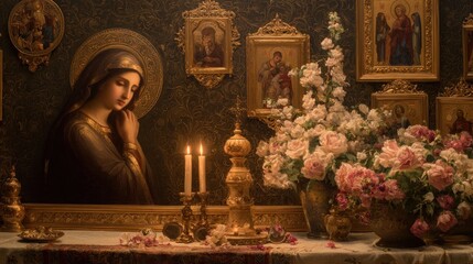 Religious artwork with floral arrangement candles and portraits