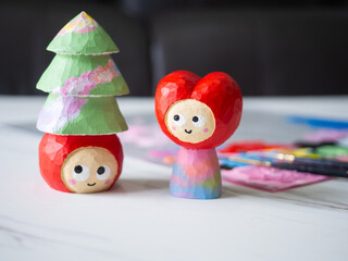 art toy wood carving cute wooden carved Basswood doll merry christmas tree red heart love happy valentine design acrylic color paint craft handmade decoration gift present hobby model selected focus