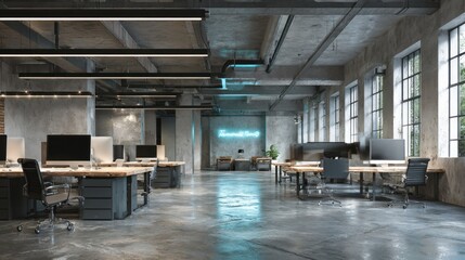 Modern office interior with desks computers chairs and concrete elements