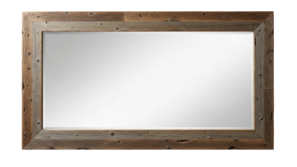 Large rectangular wall mirror with rustic reclaimed wood frame isolated on white background