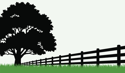A simple illustration depicts a dark silhouette of a leafy tree beside a wooden fence and green grass high quality professional © Thysl2000