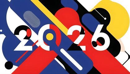 Seamless vector 2026 illustration of an abstract 3d robot symbol featuring red and blue stripes on a business technology background object