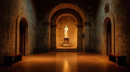 Interior view of an old stone church with a statue and arched doorways