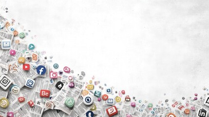 Social media icons and newspaper background with copy space for digital concept