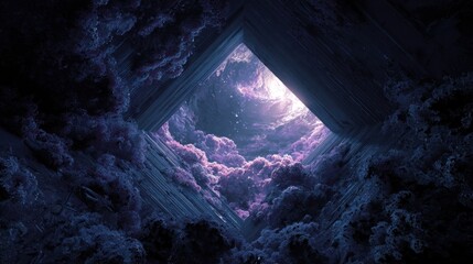 Abstract illustration of square portal surrounded by purple clouds and celestial light