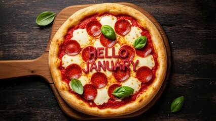 Delicious Pepperoni Pizza with Hello January Message on Wooden Board.