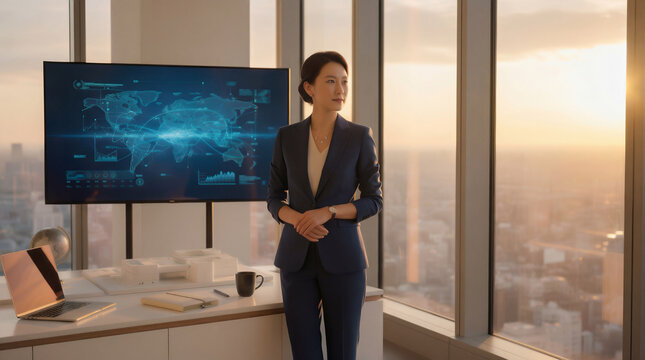 Professional woman in modern office with global data - Powered by Adobe