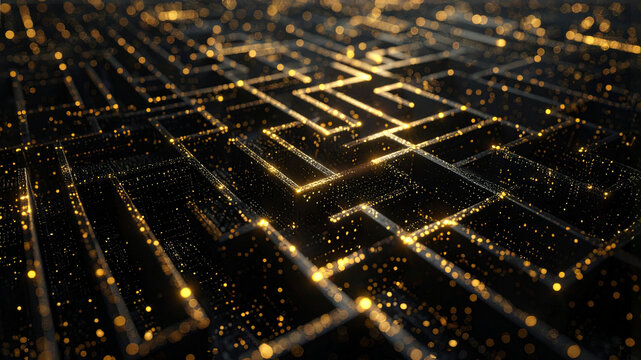 Circuit board maze architecture. Light pathways signal data transmission. Quantum computing network grid visualization. Cyber security infrastructure system. AI processing logic flow. Server node. 202 - Powered by Adobe