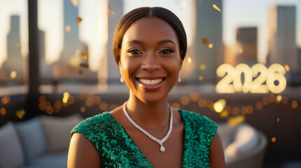 Elegant woman celebrating 2026 in urban setting