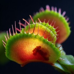 Close-up of Venus flytrap plant with sharp teeth and green leaves