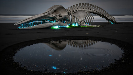 A whale skeleton glows with blue light on a dark sand beach at night, reflecting in a puddle