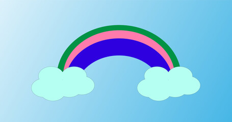 two clouds and a colorful rainbow on a blue background,