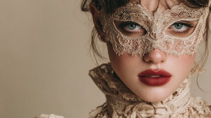 a beautiful woman with dark hair wearing an elegant lace mask