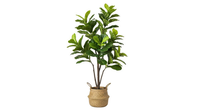 Large lush artificial fiddle leaf fig tree in a planter basket isolated on white background