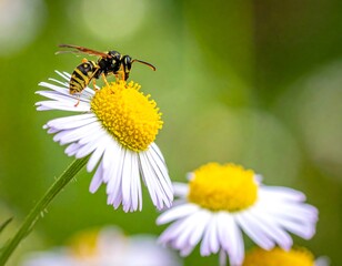 Obraz premium A wasp lands on a flower, focusing on insect's body