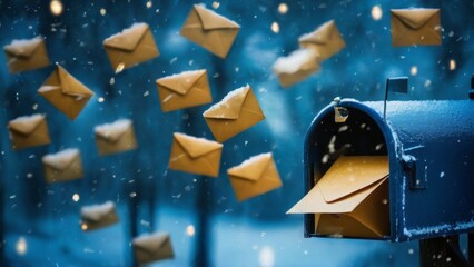 Blue mailbox covered in snow with open letter and golden envelopes flying out, in a festive winter scene.