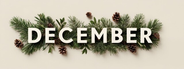 December spelled in green pine branches with cones in a rustic flat lay design on beige background.