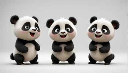 Obraz premium Three playful pandas posing with unique gestures against a white background, showcasing excitement and happiness.