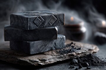 Three black soaps with activated carbon are lying on a natural dark slate stone on a blurred background with steam. Handmade soap for men.