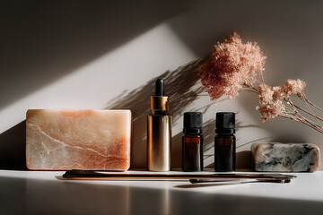 Aesthetic natural organic skin care products complete with bottles of essential oils, handmade soap and dried flowers on a beige background in sunlight with shadows.