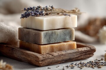 Stack of handmade natural soap with lavender in a wooden soap dish. Concept of organic skin care, spa treatments and aromatherapy on a blurred background.