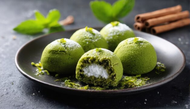 Fresh and Appetizing Green Tea Balls on Black Plate with Powdered Sugar, Mint, Cinnamon on Grey Background