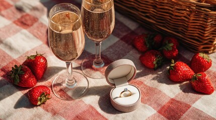 Champagne glasses and engagement ring with strawberries on picnic blanket