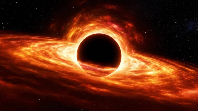 A powerful black hole with an accretion disk spinning around it in the vastness of space