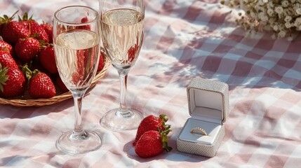 Champagne glasses and strawberries with an engagement ring on a picnic blanket
