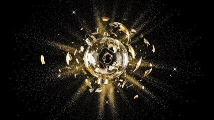 Exploding golden Christmas ornament with sparkling particles and dramatic light burst on black background creating a luxury festive abstract scene