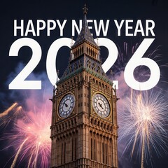 Happy new year 2026 greeting card with big ben clock tower and fireworks celebration in london night sky