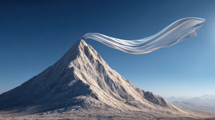 Mountain peak with flowing fabric under bright sunlight against clear blue sky