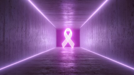 Neon ribbon symbol in tunnel structure with illuminated purple lighting concept