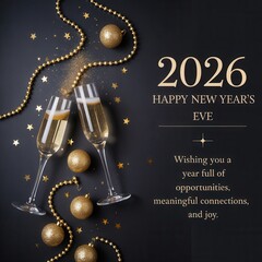 Happy new years eve 2026 celebration with champagne flutes, gold ornaments, and glitter on dark background