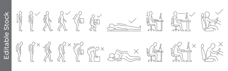 Posture and ergonomics icon set &ndash; editable outline symbols of sitting, standing, lifting, computer, driving and correct alignment