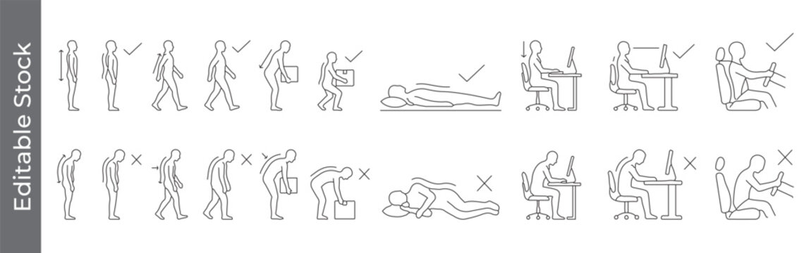 Posture and ergonomics icon set &ndash; editable outline symbols of sitting, standing, lifting, computer, driving and correct alignment