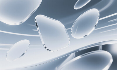 abstract futuristic background with floating translucent shapes  clean white-to-silver gradient  Generative AI