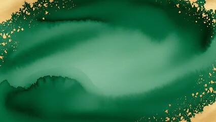 Abstract green watercolor background with organic paint textures and gold foil accents perfect for luxury branding and festive design use