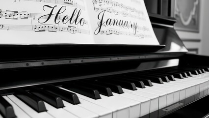 Fototapeta premium Black and White Close-up of a Piano Keyboard with Sheet Music.