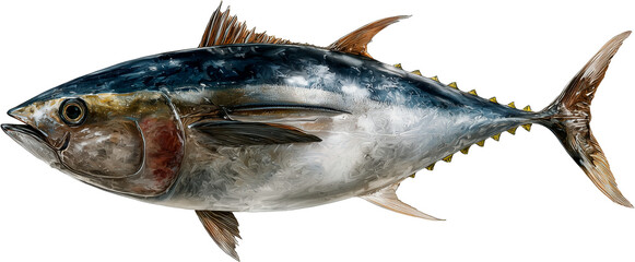 Realistic whole tuna fish isolated on white background, side view