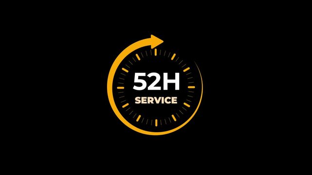 52 hours service clock icon. Online customer care, live chat support, and real-time customer assistance to ensure complete customer satisfaction.