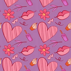 Seamless pattern with adorable Valentine doodles: hearts, gifts, arrows, and romantic icons. Playful hand-drawn style for wrapping paper, textiles, wallpapers, and holiday backgrounds.