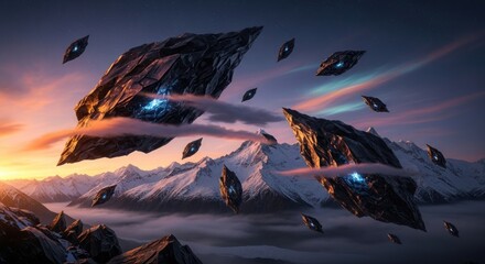 Surreal Floating Islands with Ethereal Light Beams in a Cosmic Landscape.