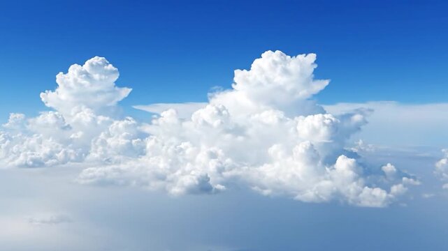 Majestic cumulus clouds against a bright blue sky, creating a scenic aerial perspective