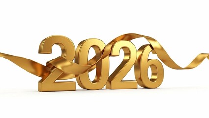 Golden 2026 Numerals with Flowing Ribbon on White Background
