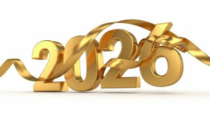 Golden 2026 Numerals with Flowing Ribbon on White Background